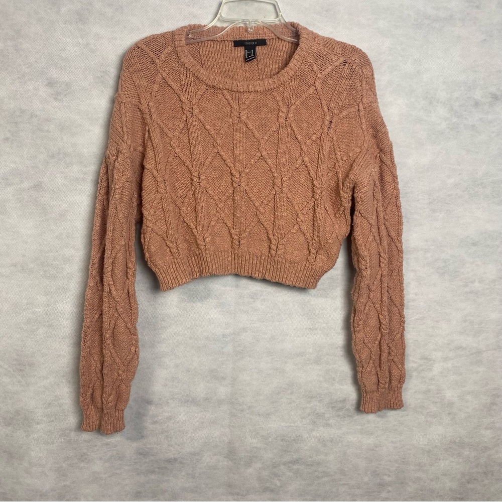 Forever 21 Sweater Women Sz Medium Pink Cropped  Diamond Pattern Cable Knit